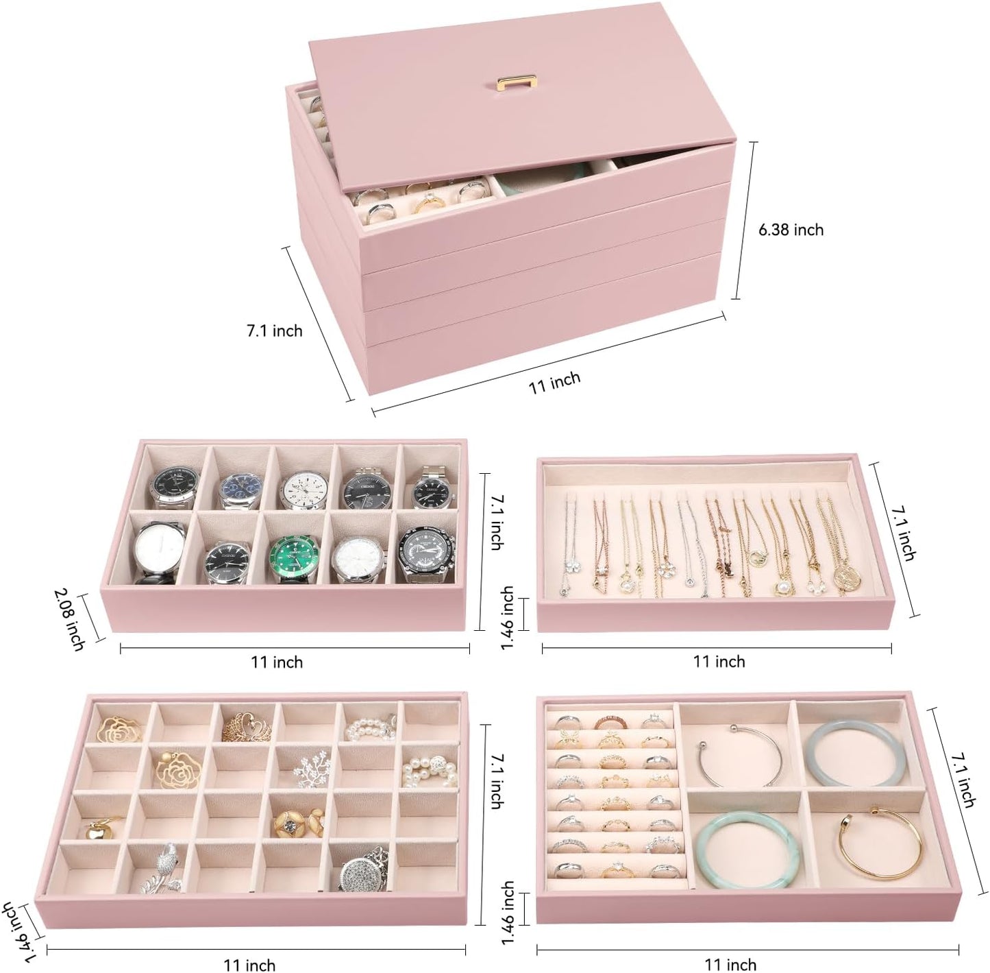 Voova Stackable Jewelry Organizer Tray with Lid, PU Leather Jewelry Storage Holder for Drawer Inserts, Jewellery Display Box Case for Earring Necklace Ring Watch Bracelet (Set of 4, Rose Gold)