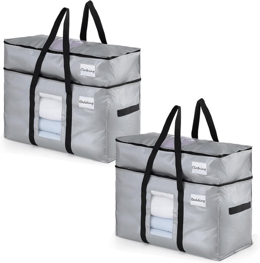 TAILI 2 Tier Extra Large Moving Bags, 2 Pack Silver Heavy Duty Totes for Storage with Visible Window, Wrap Around Handles, Storage Bags for Space Saving, Alternative to Moving Boxes