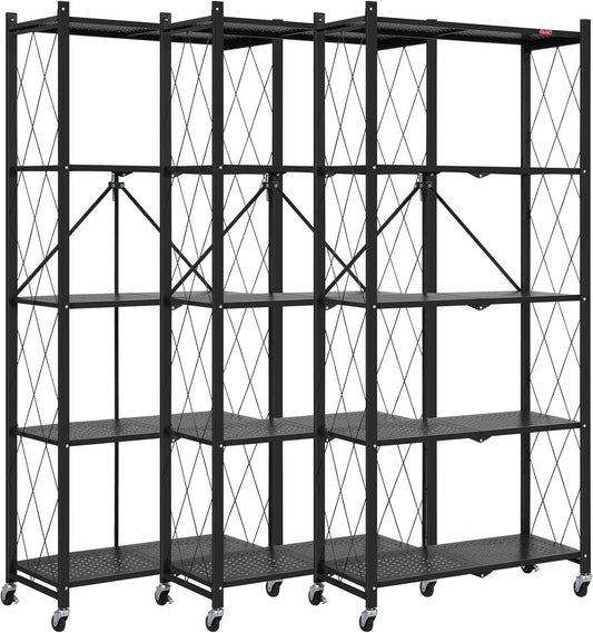 DEANIC 5 Tier Foldable Storage Shelves with Wheels, Large Capacity Shelving Unit, Freestanding Metal Wire Shelf Rack, No Assembly Organizer Rack for Garage Kitchen, Basement, Pantry(Black Pack of 3)