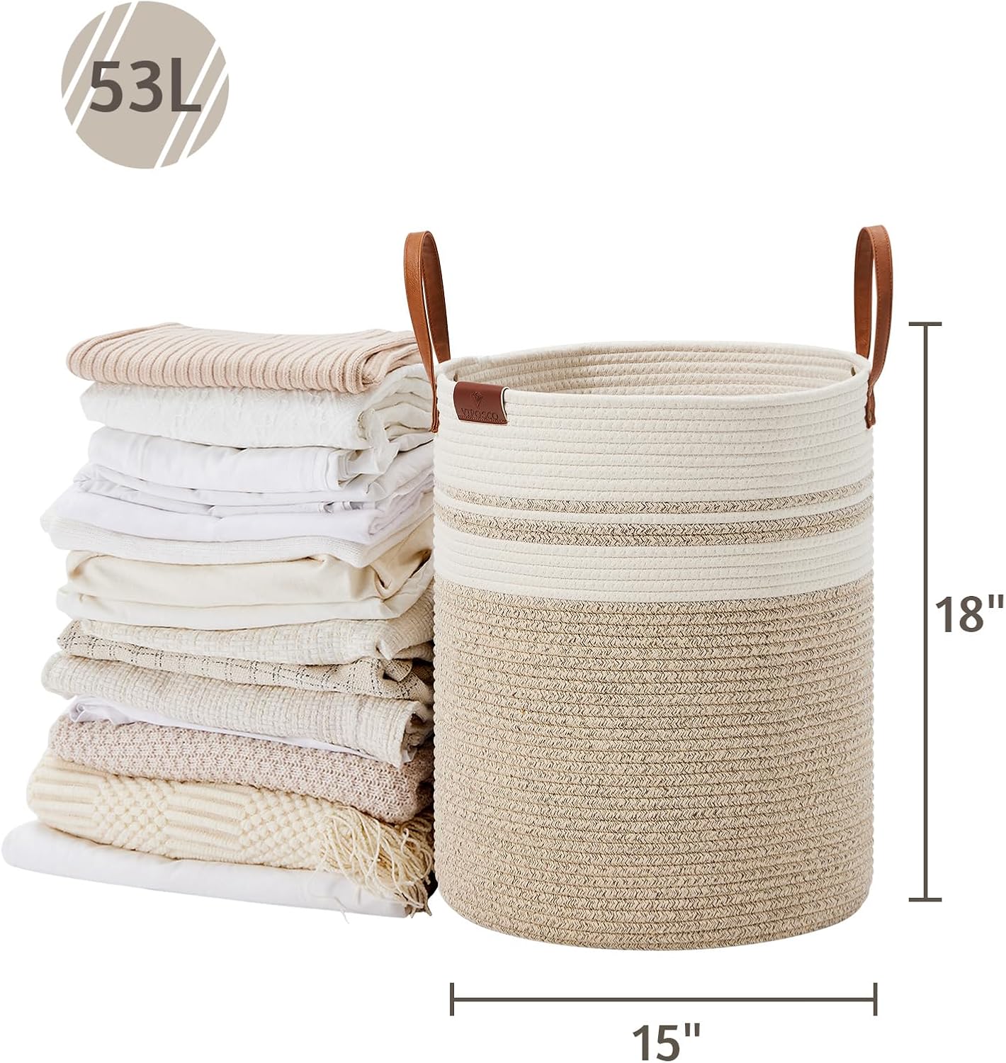 VIPOSCO Tall Laundry Basket, Large Dirty Clothes Hamper with Leather Handle, Woven Rope Storage Basket for Blanket, Toy In Living Room, Bathroom, Bedroom - 53L Brown & White