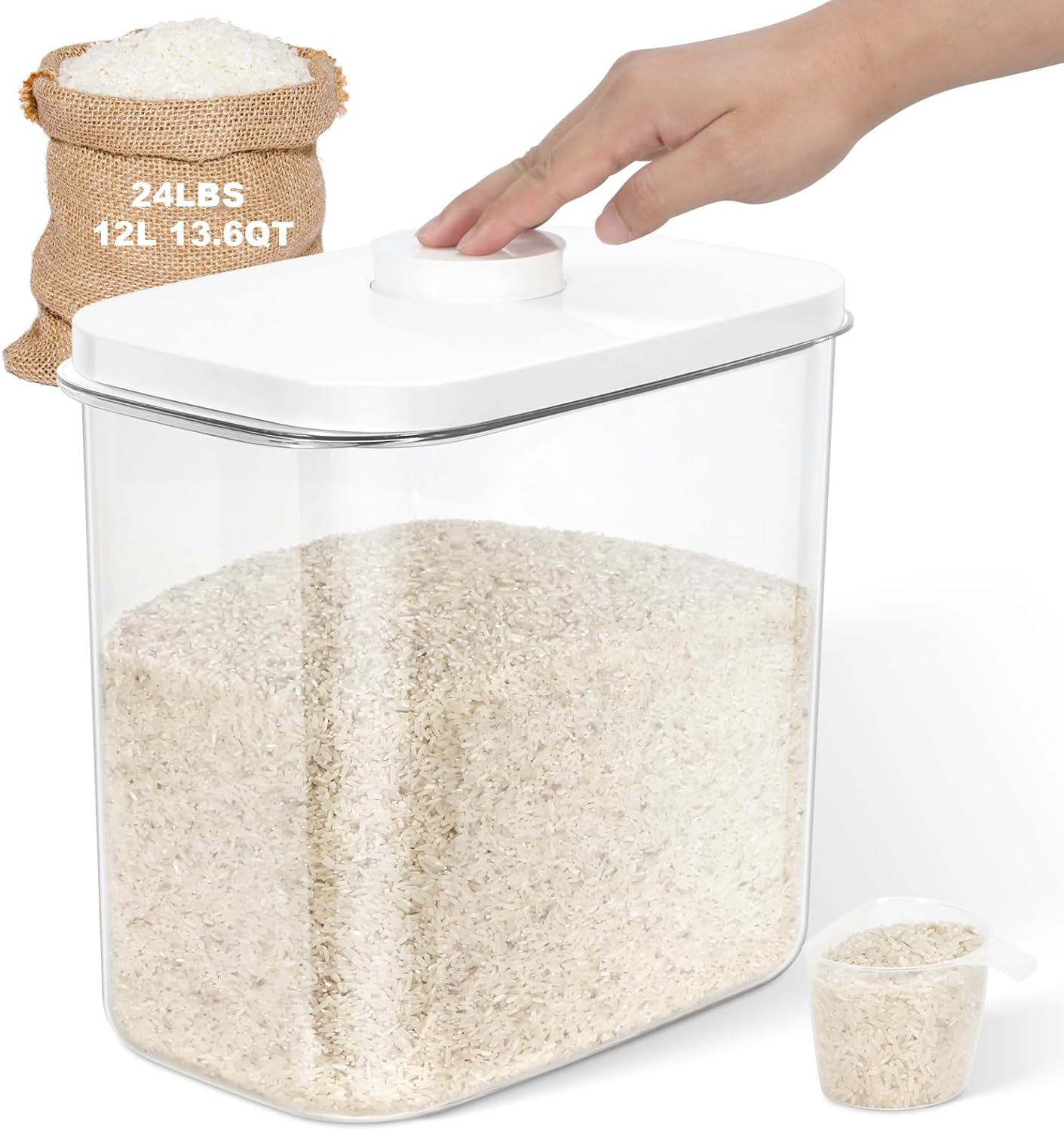 Rice & Flour Storage Container, Cereal Containers Storage, Dry Food Airtight Dispenser BPA Free, Clear Plastic Kitchen and Pantry Organization Bin (White (13Qt-1Pack), 13Qt)
