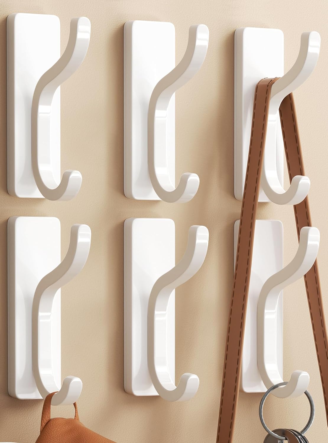 Self Adhesive Wall Hooks for Hanging - 6 Pack Stick On Holds 13 LB, Door Hooks for Towels, Coats, Purse, Jackets, Bags, Hangers for Shower, Dorm, RV, Bathroom, Kitchen - Stainless, Metal, White