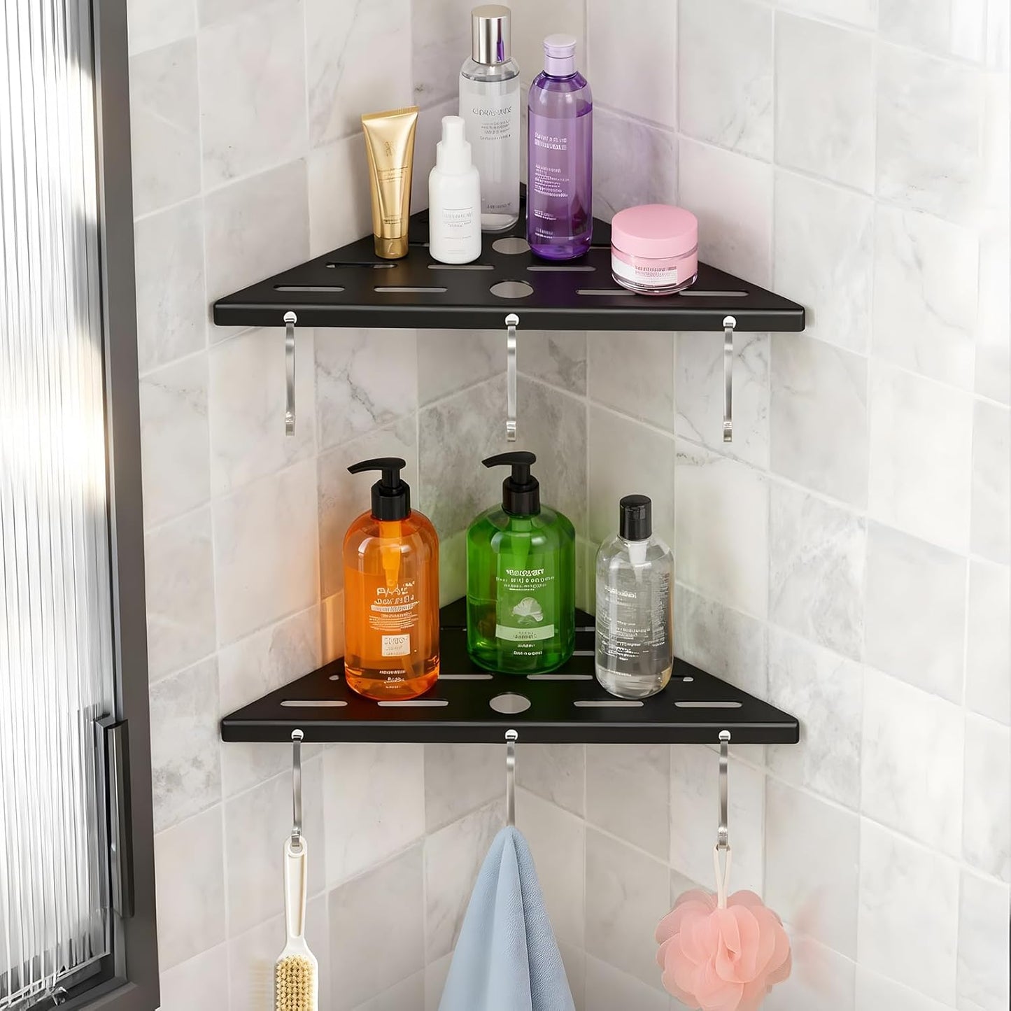 Shower Corner Shelf 304 Stainless Steel Shower Caddy 2 Tier Shower Organizer Niche Extra 6 Hangers Shelves 40 lbs Large Capacity Bathroom Storage for Inside Anti-Rust Drilling Installation(Black)
