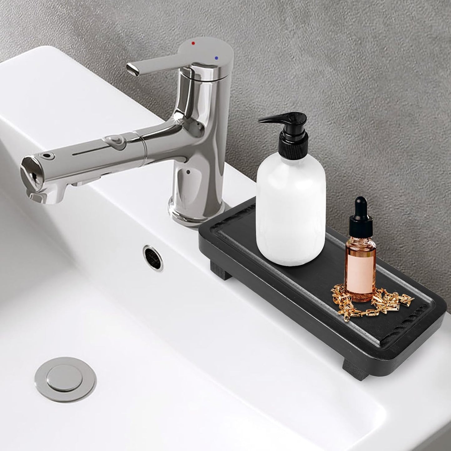 Small Black Kitchen Soap Tray for Counter Dish Soap Dispenser Wooden Display Pedestal Stand for Bathroom Decor Farmhouse Wood Riser Kitchen Accessories Countertop Vanity Counter Decorative Tray