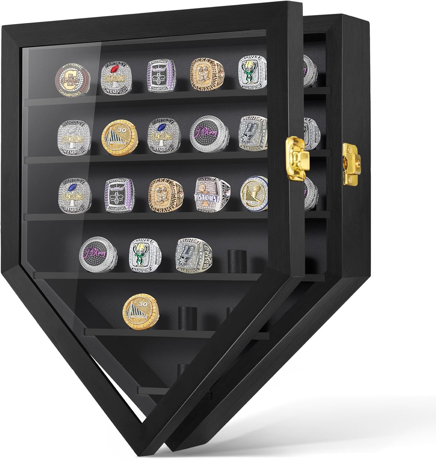 Championship Ring Display Case, 27 Ring Posts Sports Ring Display Case Wooden Shadow Box for Baseball Basketball Football Softball Award Rings Fan Souvenirs