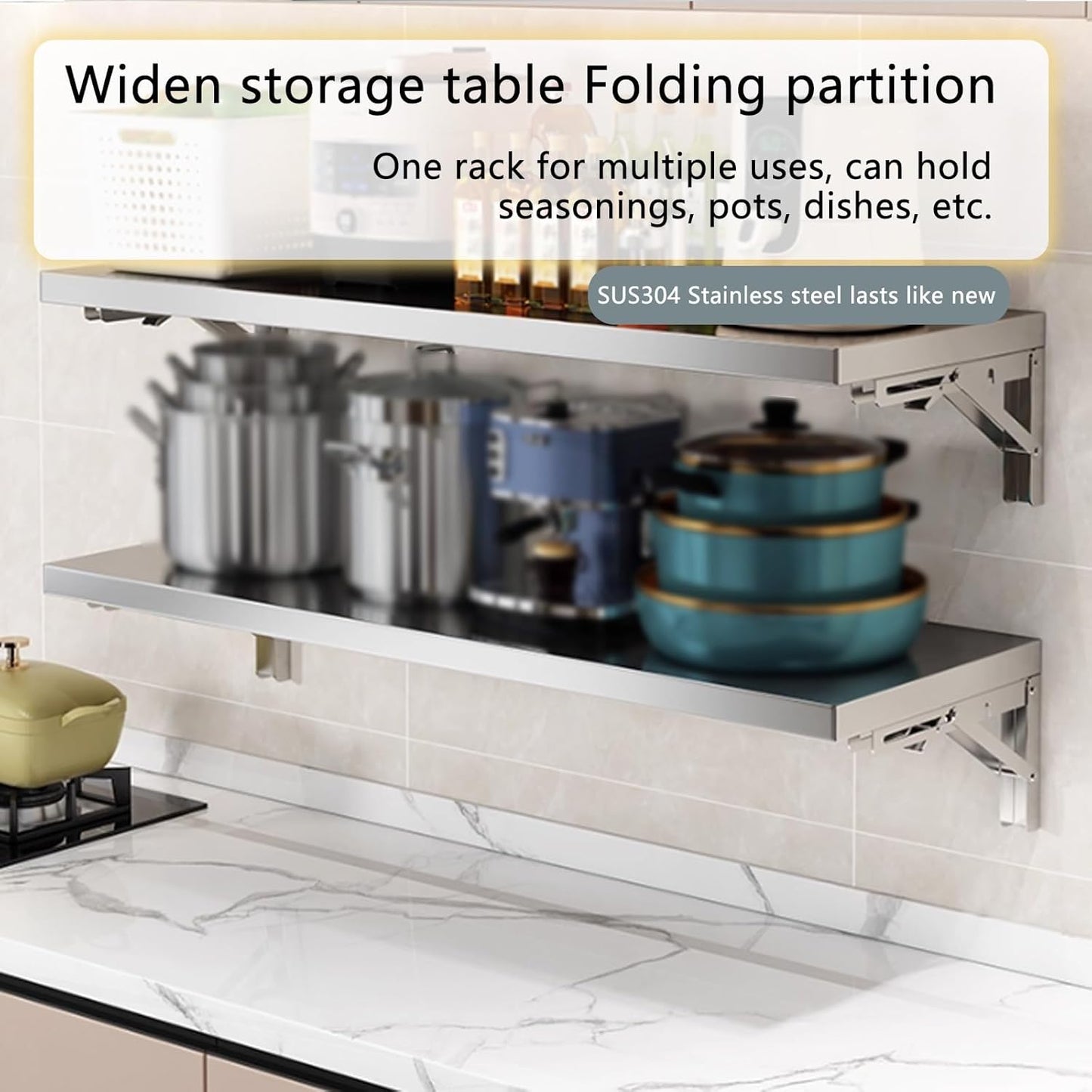304 stainless steel folding table, wall-mounted folding table, kitchen storage shelf, made of food-grade stainless steel material, suitable for living room, balcony, bathroom, or laundry room.(120*40c