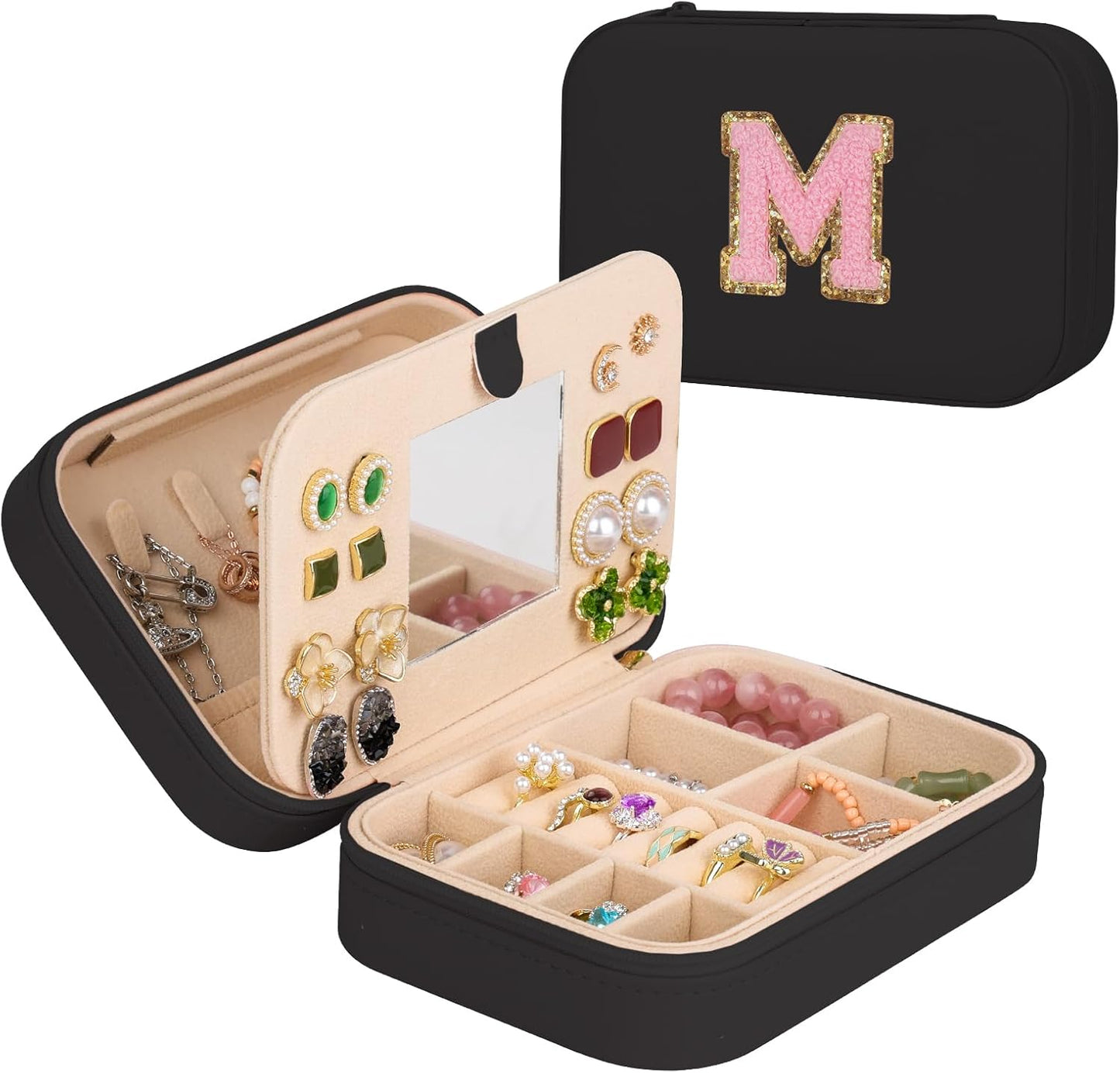 TopPerfekt Travel Jewelry Case, Jewelry Box with Mirror, Jewelry Organizer Bridal Shower Gifts to Her, Earring Storage Travel Case, Trendy Gift for Women and Girls, Girlfriend-Letter M, Black
