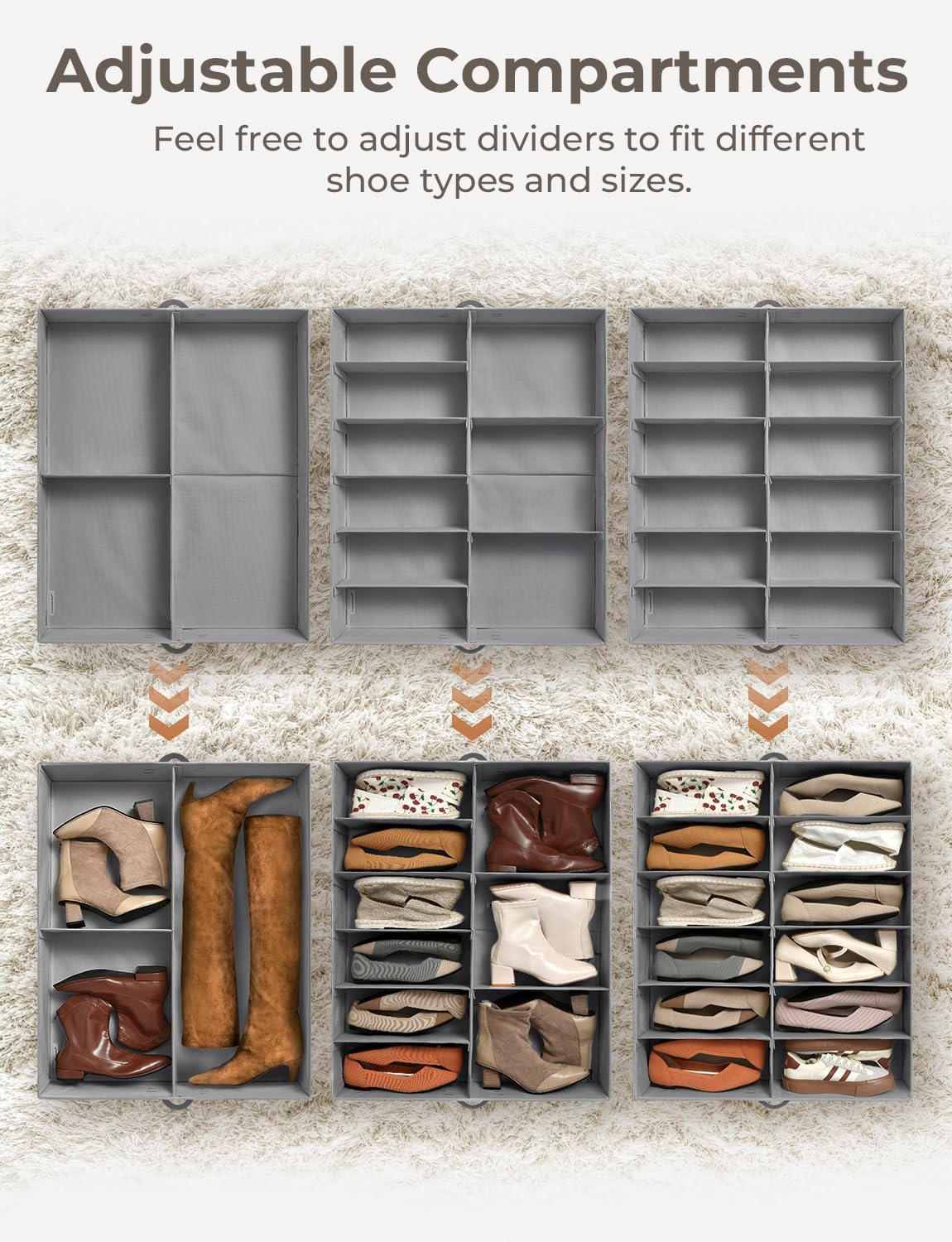 StorageWorks Shoe Organizer for Closet, Fits up to 24 Pairs, 2-Pack Ultra-thick Fabric Under Bed Shoe Storage Containers with Bottom Support and Adjustable Dividers, Grey