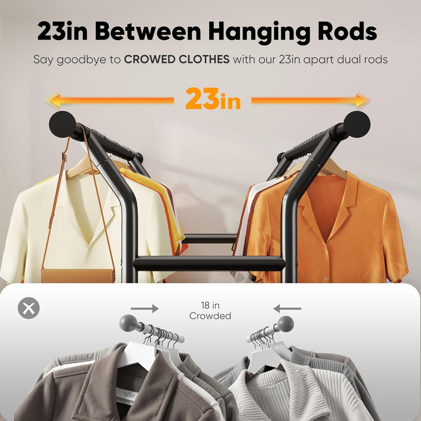 HOKEEPER Heavy Duty Clothes Rack Load 625 LBS, Clothing Rack for Hanging Clothes, Adjustable Black Double Rod with Metal Basket, Portable Rolling Garment Rack with Wheels for Bedroom, Laundry Room