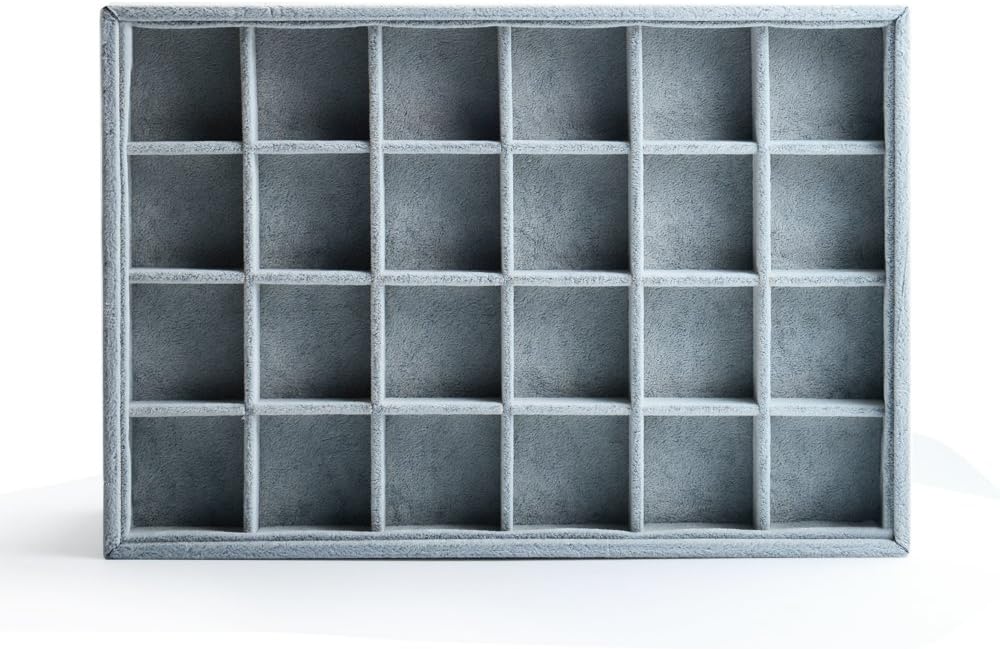 Oirlv 24 Grid Ice Velvet Jewelry Drawer Organizer Tray Stackable Jewelry Trays Removable Dividers for Rings Earring Storage Display