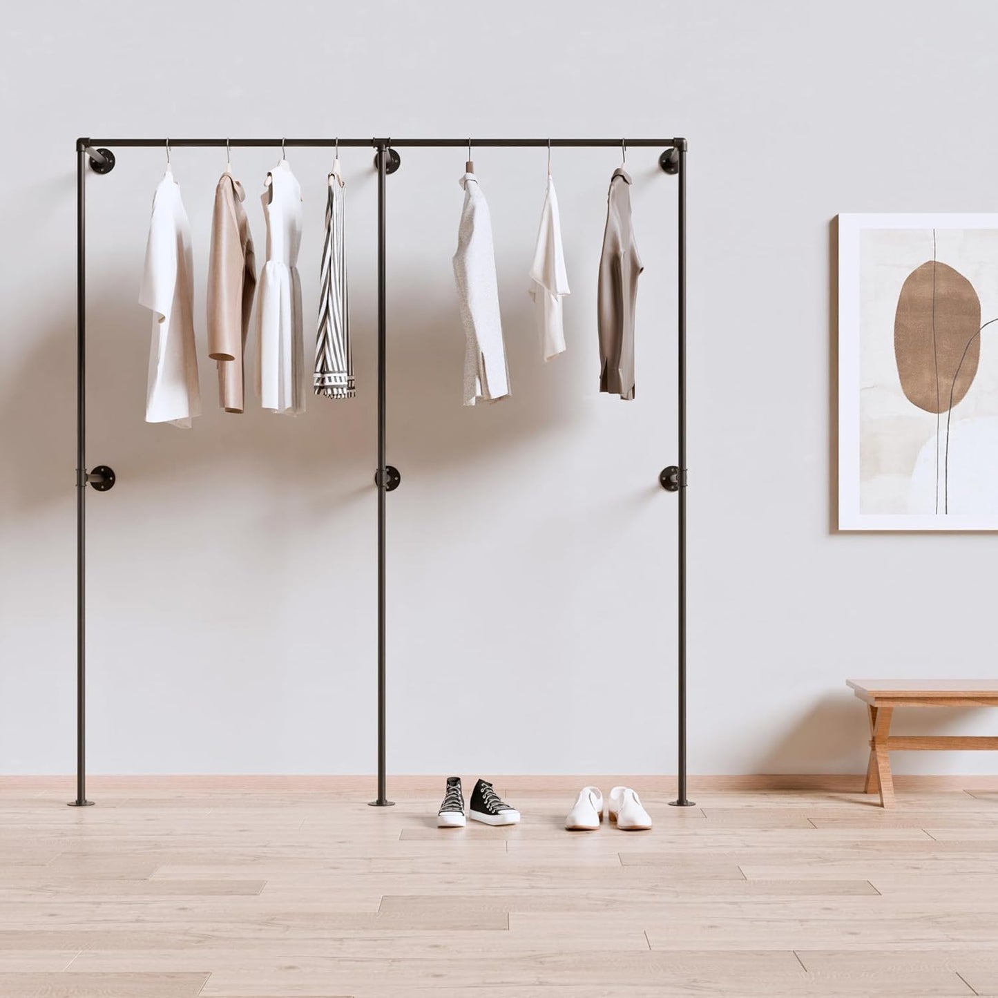 Industrial Pipe Clothing Rack, Heavy Duty Wall Mounted Clothes Rack, Retail Display Hanging Garment Rod for Laundry Rooms, Closet Storage, 14.6x75x82.7 Inches, Model K06