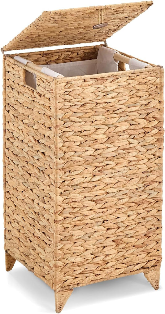 Handwoven Laundry Hamper with Lid, Natural Hyacinth Heightened Feet Laundry Basket, Wicker Clothes Hamper with Removable Liner Bag