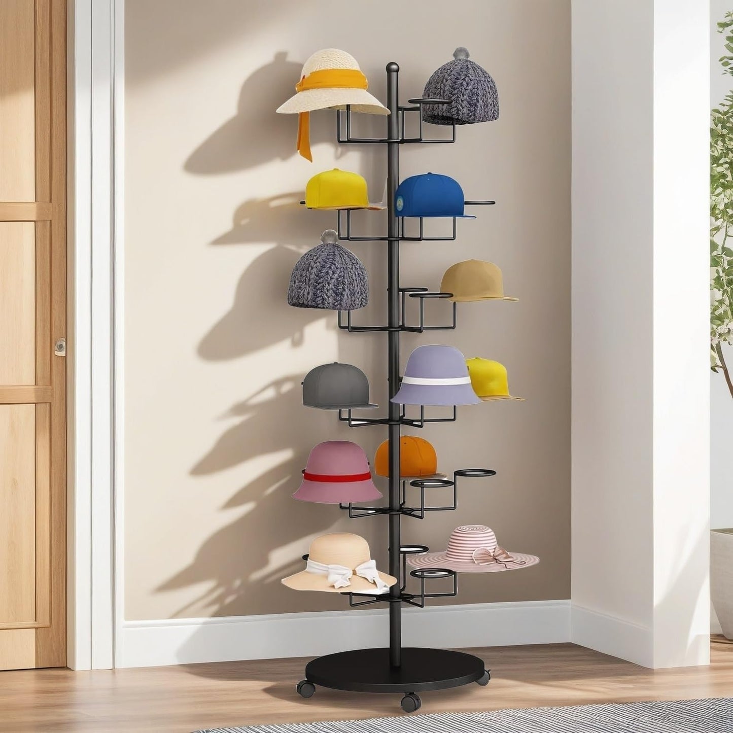 Hat Rack Stand 30-Hooks, Hat Display Stand Metal,Hat Display for Stores， Home or Store of Standing hat Rack(Black,6th Floor)