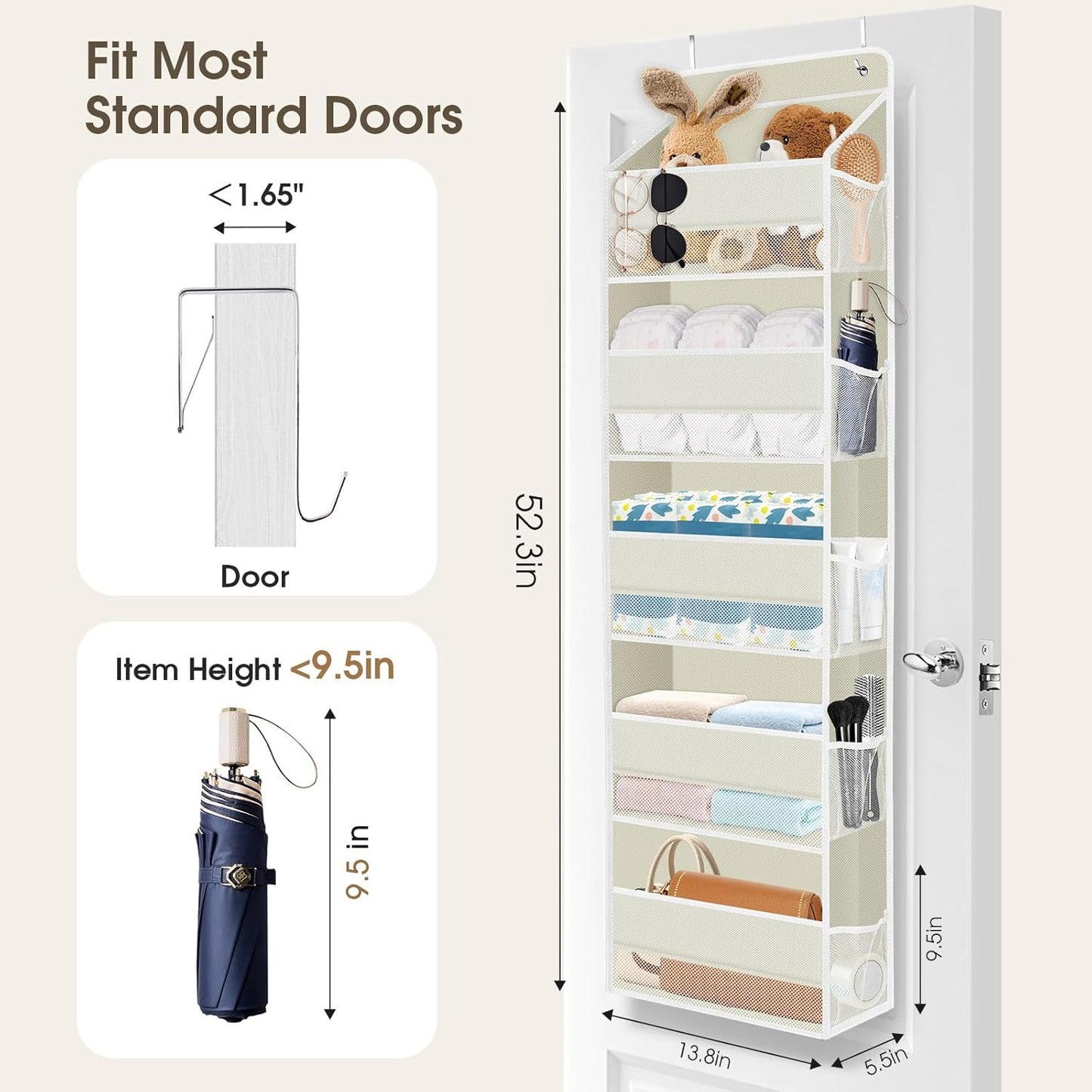 2 Pack Over The Door Organizer, Hanging Storage Organizer with Clear Window, 40lb Ultra Sturdy Large Capacity Room Organizer for Pantry Laundry Bathroom Nursery Closet (Beige)