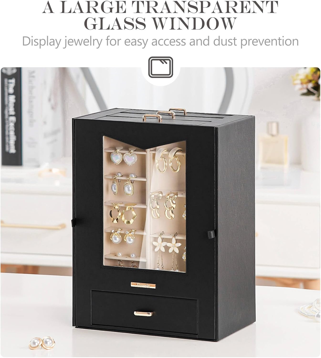 Homde Jewelry Organizer with Transparent Window Necklace Hooks Gift for Women Jewelry Box Display Case for Necklaces Rings Earrings Bracelets and Other Jewelry Accessories (Black + Gold)