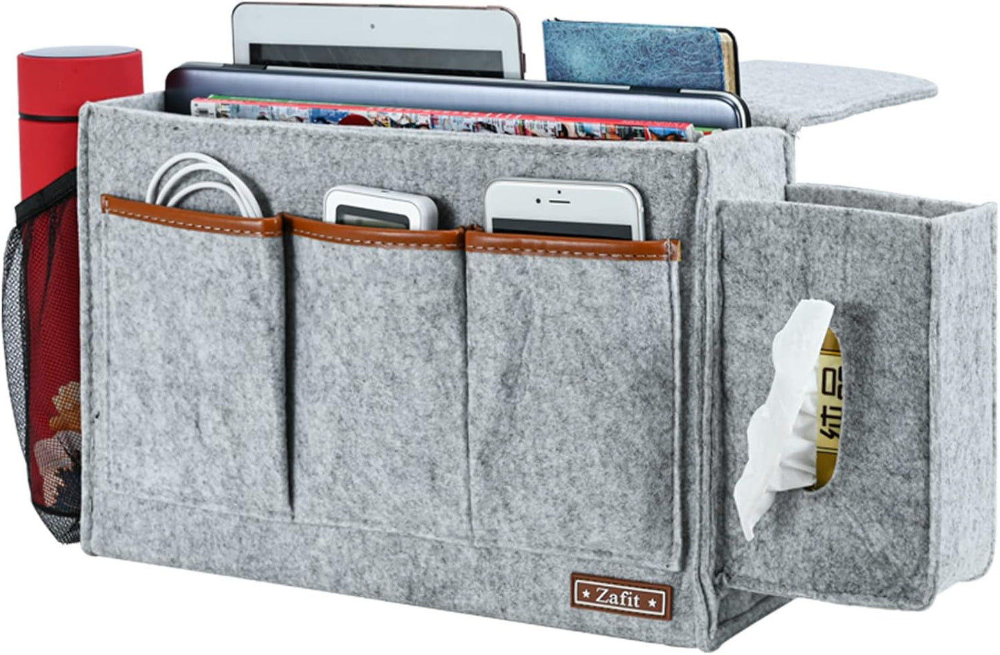 Bedside Caddy, Large Size Bedside Storage Organizer Bedside Organizer Caddy for Magazine Remotes Phone (13.4'' x 18.1'' Tissue box holder, Light Grey)