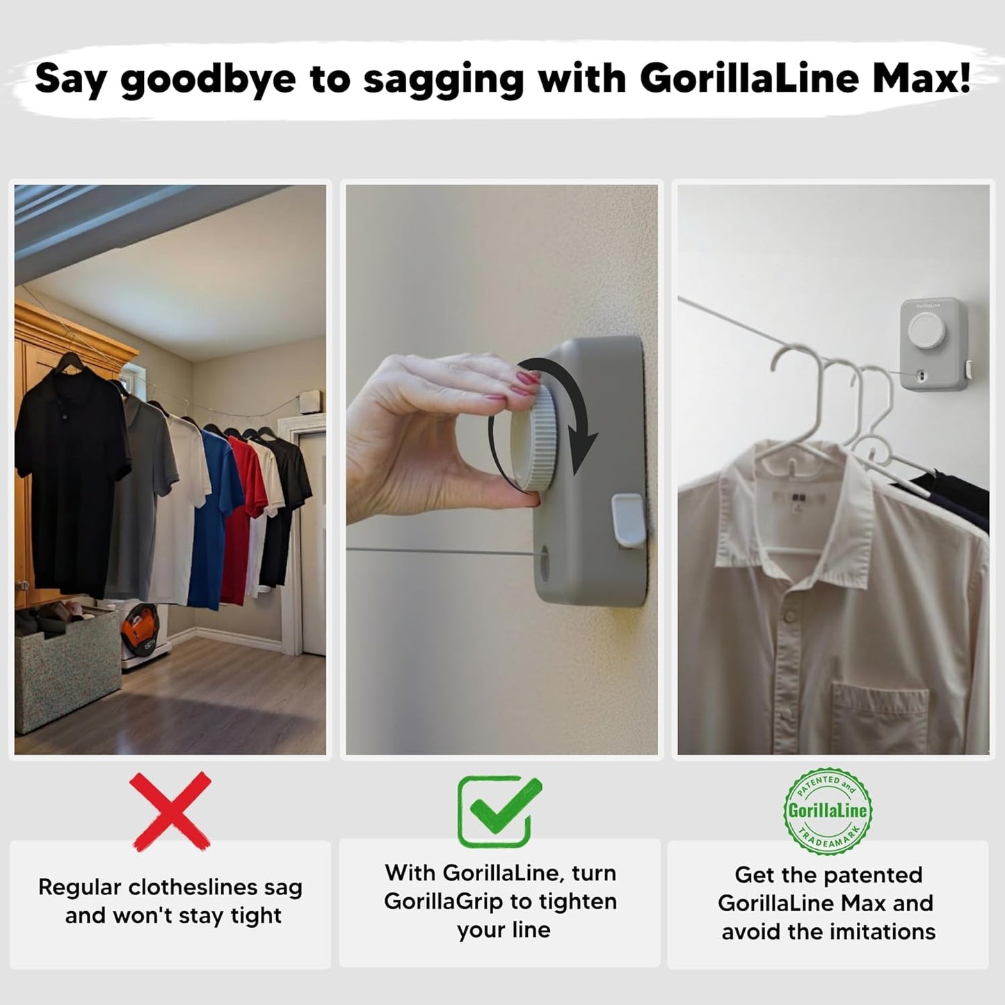 GorillaLine Max - Retractable Clothesline Indoor Outdoor Clothes Line - Heavy Duty Clothes Drying Laundry Line - Wall Mounted Drying Rack - Air Dry Clothing - Max Tighten with GorillaGrip