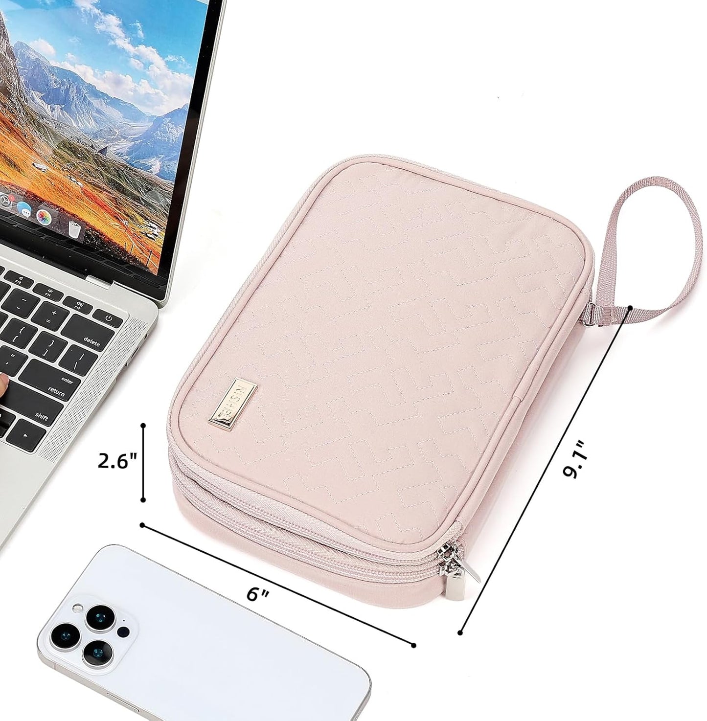 NISHEL Travel Cord Organizer Case, Double Layers Tech Electronic Bag, Essentials for Charger, Cable, Phone, Flash drive, Large, Pink