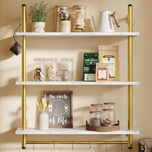 Bestier 31" Industrial Pipe Shelving, Floating Kitchen Wall Shelves 3 Tier Coffee Bar Shelves for Wall with 8 Hooks, Hanging Display Shelf Bookshelf for Living Room Bathroom, White Marble