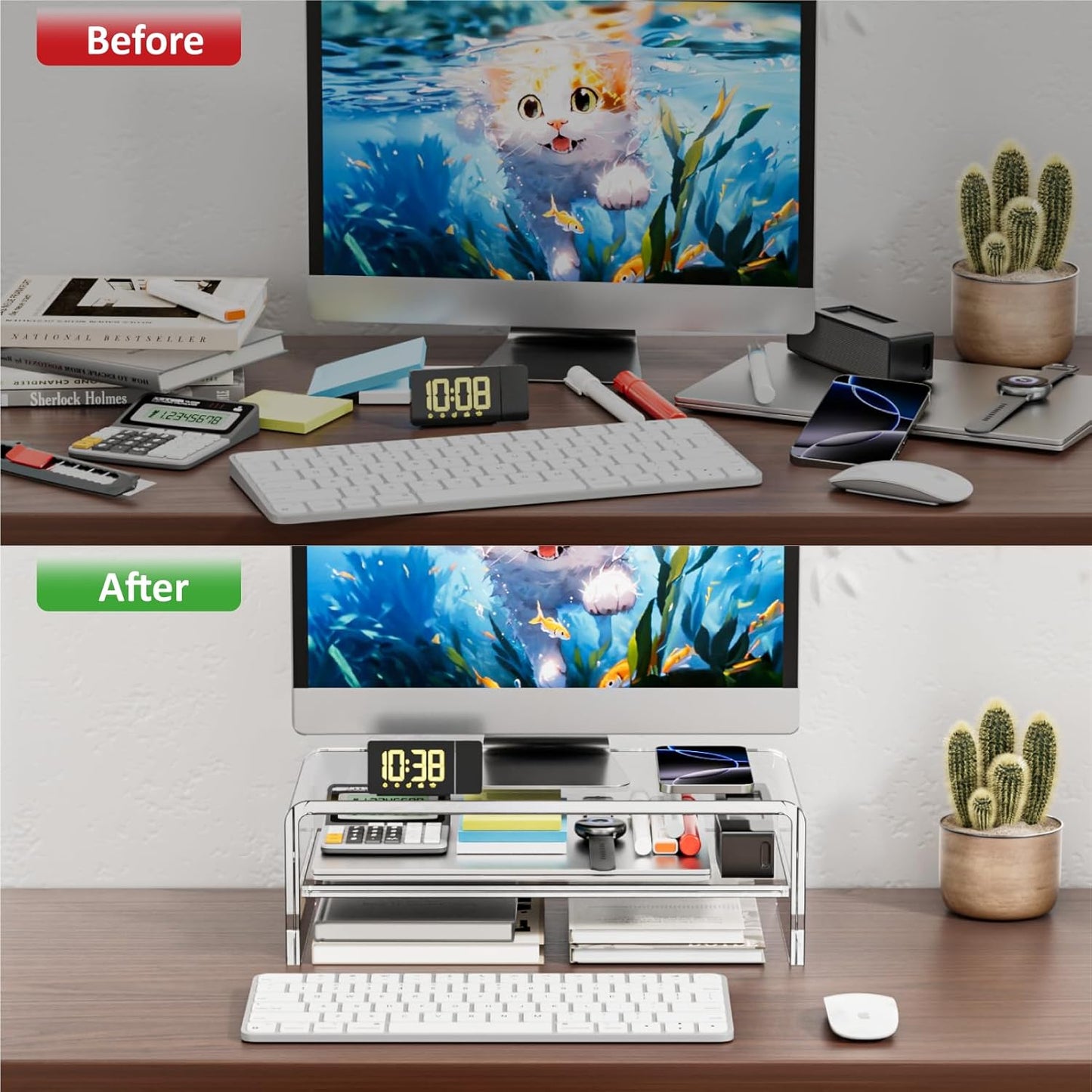 Acrylic Monitor Stand Riser, 2 Tier Clear Computer Monitor Stand for Home Office Business, PC Desk Stand Monitor Riser for Keyboard Storage, Laptop, Printer and TV Screen -12x7.2x5.12 inches