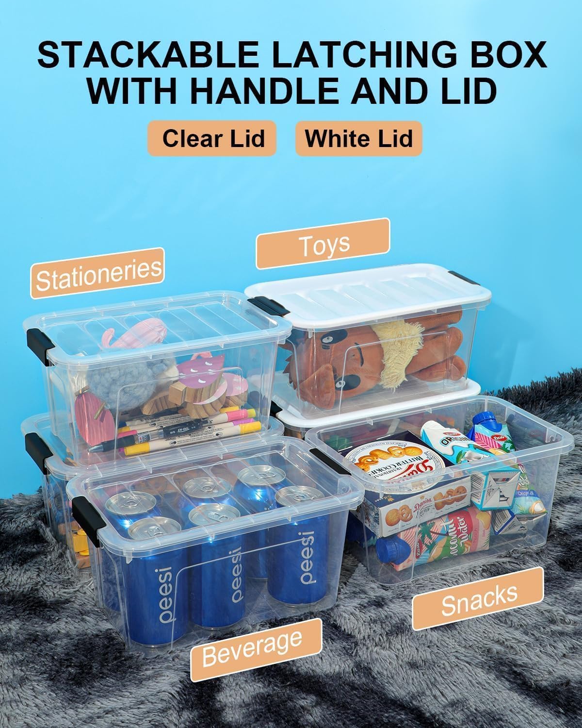 Plastic Storage Bins with Lids 6 Pack, 7 Quart Storage Containers with Black Buckle Latch, Stackable Storage Containers for Home Pantry Office Classroom Organization, White