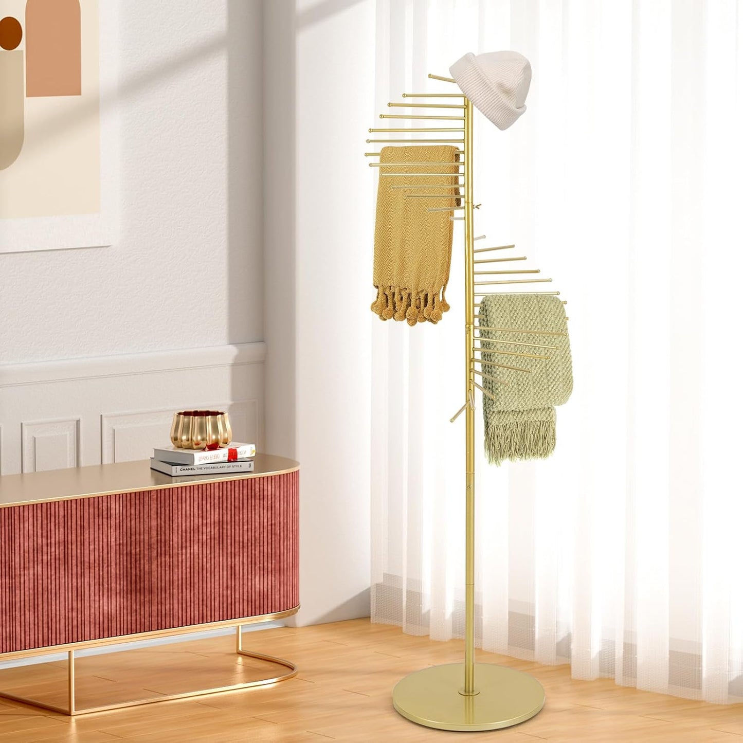Spiral Scarf Display Stand, Freestanding Hijab Organizer with Multiple Rods, Metal Scarf Rack for Clothing Store Home, Gold