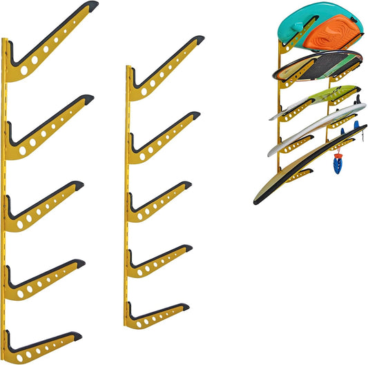5 Board Surf Rack Wall Mount for Surfboard, Wakeboard, Snowboard Storage Adjustable Wall Hangers Boards Display, Yellow