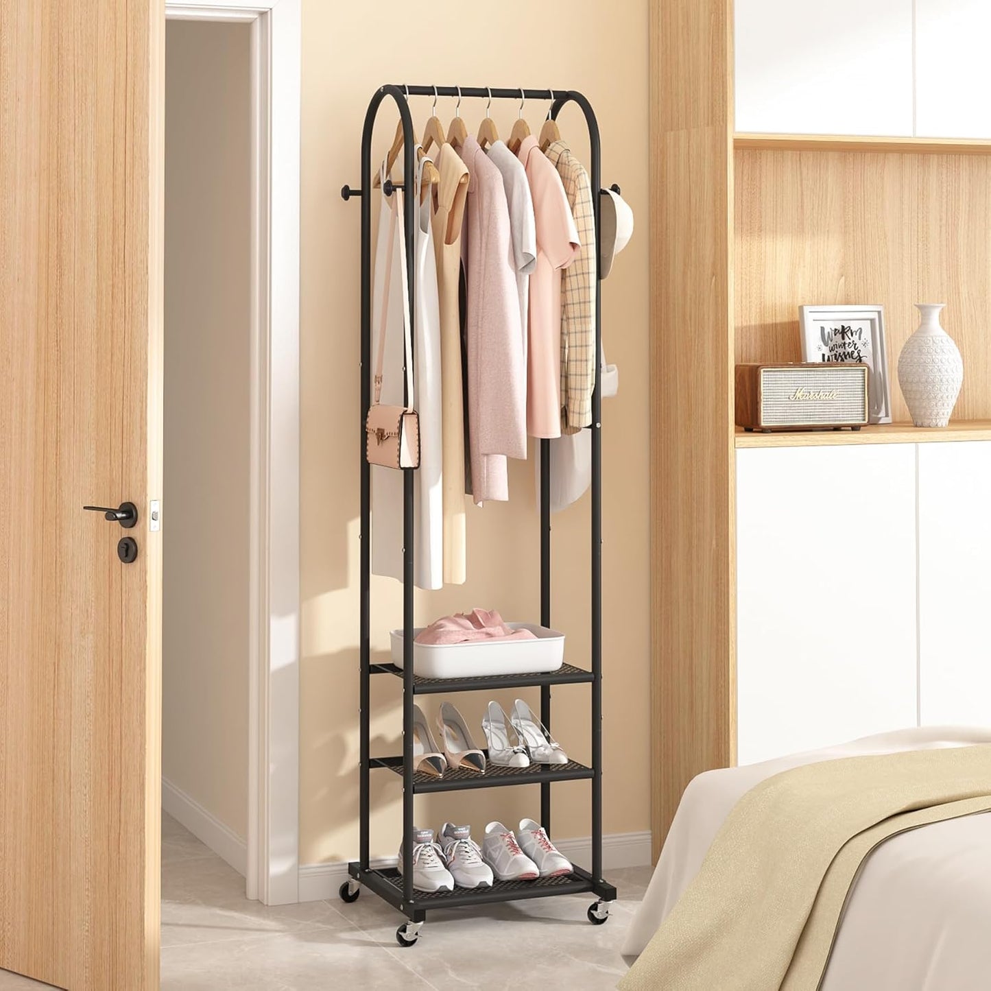 Heavy Duty Clothing Rack with Wheels,Modern Garment Rack with 3 Metal Shelves, 71.8Inches Display Rack for Hanging Clothes, Hanging Rod for Small Space,Black
