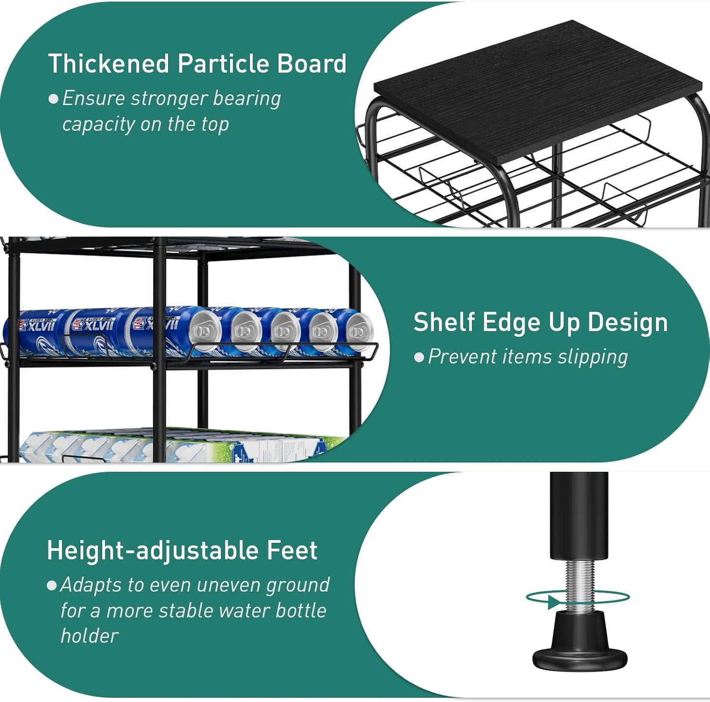 Vrisa 5 Tier Water Bottle Storage Rack Vertical Freestanding Bottled Water Organizer Large Capacity Beverage Drink Soda Can Holder Stand for Kitchen Pantry Home Party Food Storage, Black