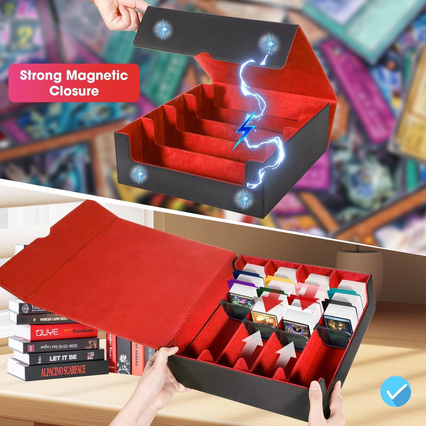 Red Card Organizer Box, 3000+ Trading Card Storage Box, PU Leather, 24 Dividers, Magnetic Closure, 4 Supporters, Card Holder Box For Game Sports Card