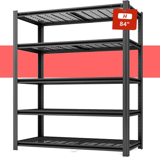 55.12" W Father&I 5-Shelf Industrial Adjustable Heavy-Dudy Tall Metal Garage Storage Shelves Shelving Units/Steel Wire Rack System (Commercial) for Basement/Shop, 84" H*55.12" W*24" D*, Black