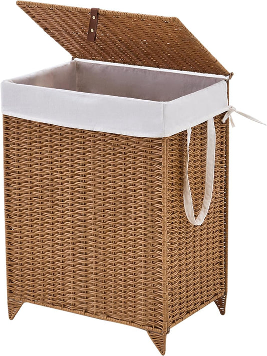 Laundry Hamper with Lid and Removable Liner Bag, Handwoven Rattan Clothes Hamper with Heightened Feet, Wicker Laundry Basket for Clothes and Towels，Middle