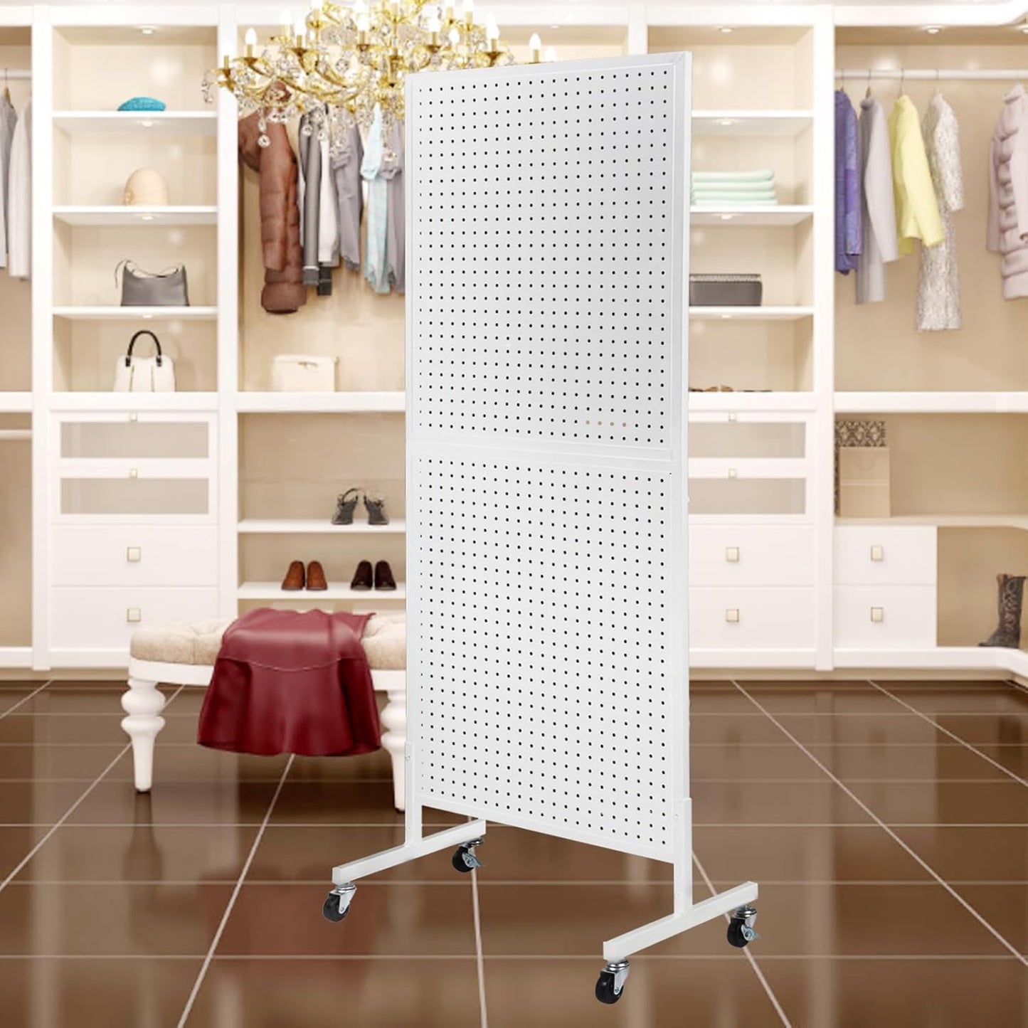 Eastern Tree Metal Pegboard Display Stand 2'x 5' with 30 Hooks, Pegboard Panels Display with Wheels, Peg Board Display Rack, Standing Pegboard Display- White