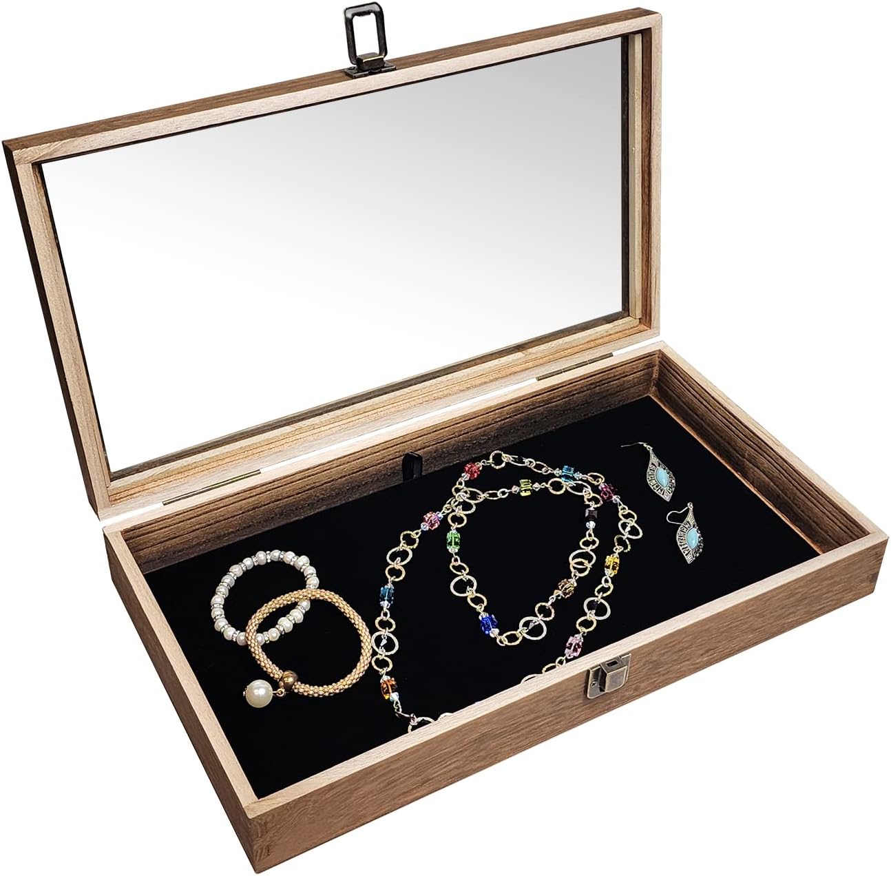 MOOCA Glass Top Wooden Jewelry Display Case with Removable Black Luxurious Velvet Jewelry Display Pad, Deeper 2.75-Inch Design for Taller Collectibles, Brown Color