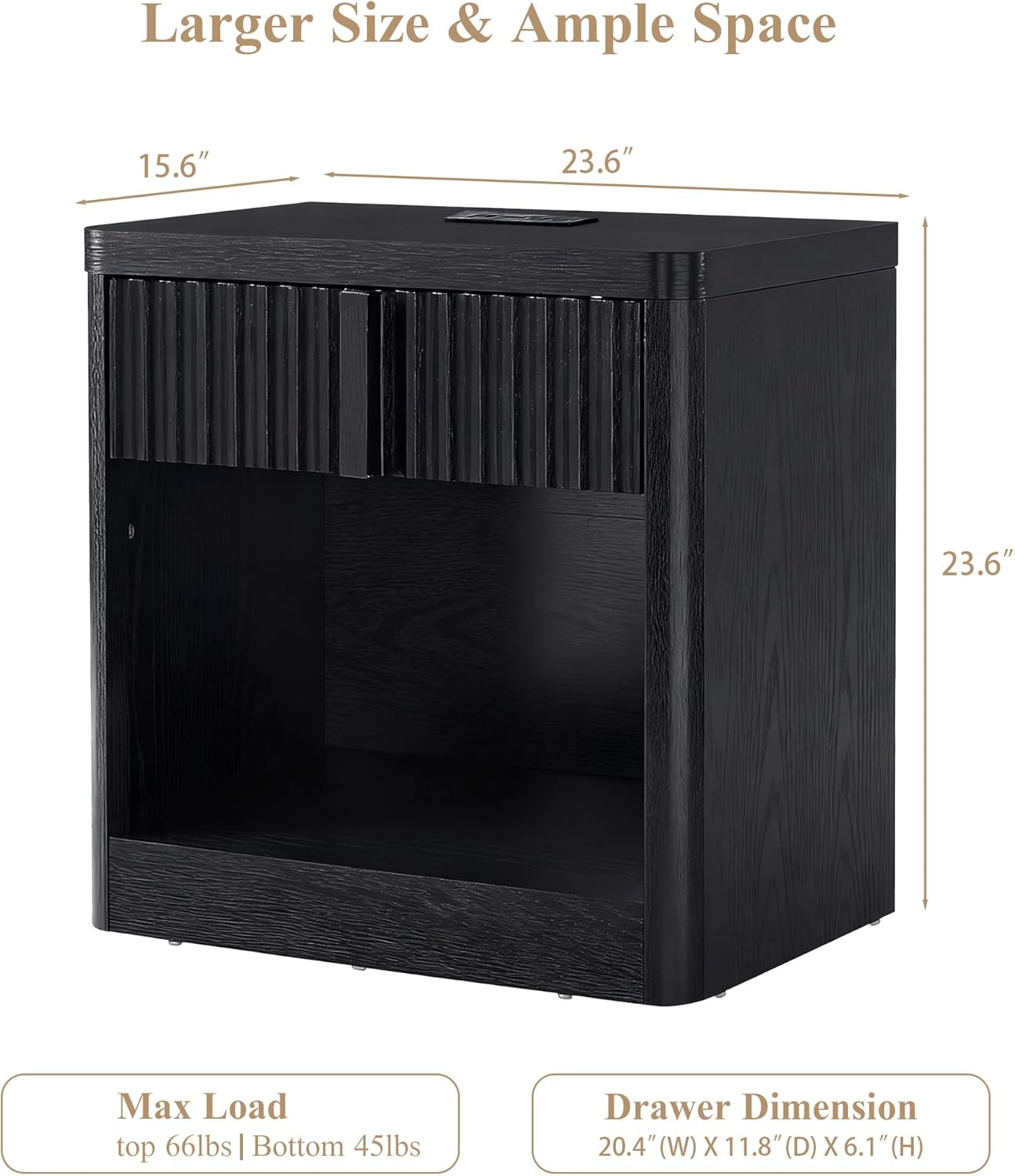 Fluted Nightstand Set of 2 with Charging Station, 23.6" End Table with Open Shelf and Drawers Storage, Bedside Table with Solid Wood Handle, Curved Profile Design, Night Stand for Bedroom