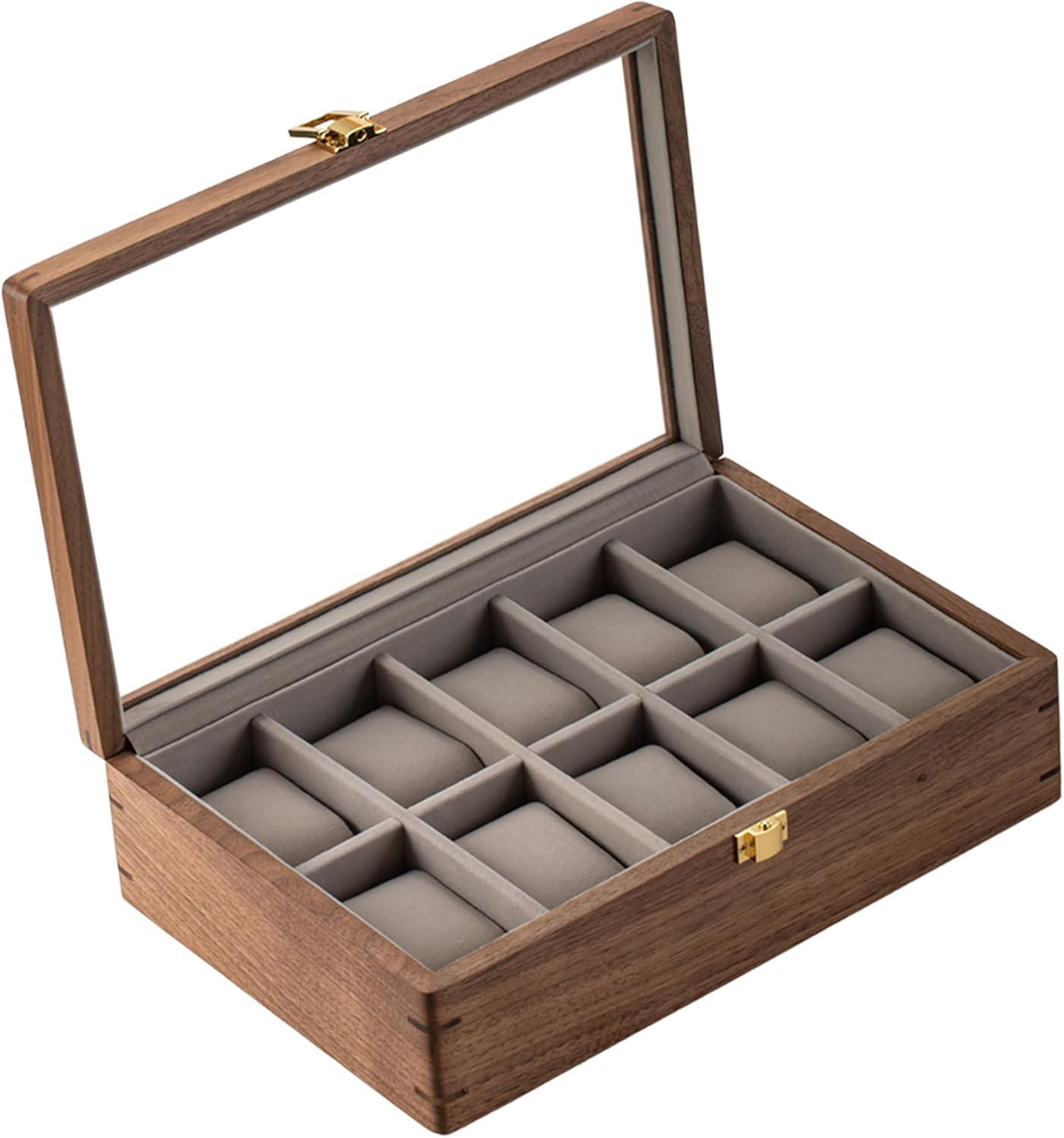 muso wood Watch Display Box, 10 Slot Watch Case for Men, Watch Organizer Box with Glass Lid, Watch Case with Removable Velvet Pillow, Father's Day Gift - 10 Slot, Walnut
