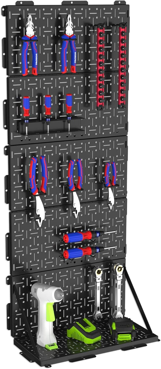 WORKPRO 16”x 16” Metal Peg Board, Foldable Black Pegboard for Wall Organization, Steel Panel with Round Holes & Vertical Slots, Ideal Tool Organizer in Office and Craft Room, 3 Pack