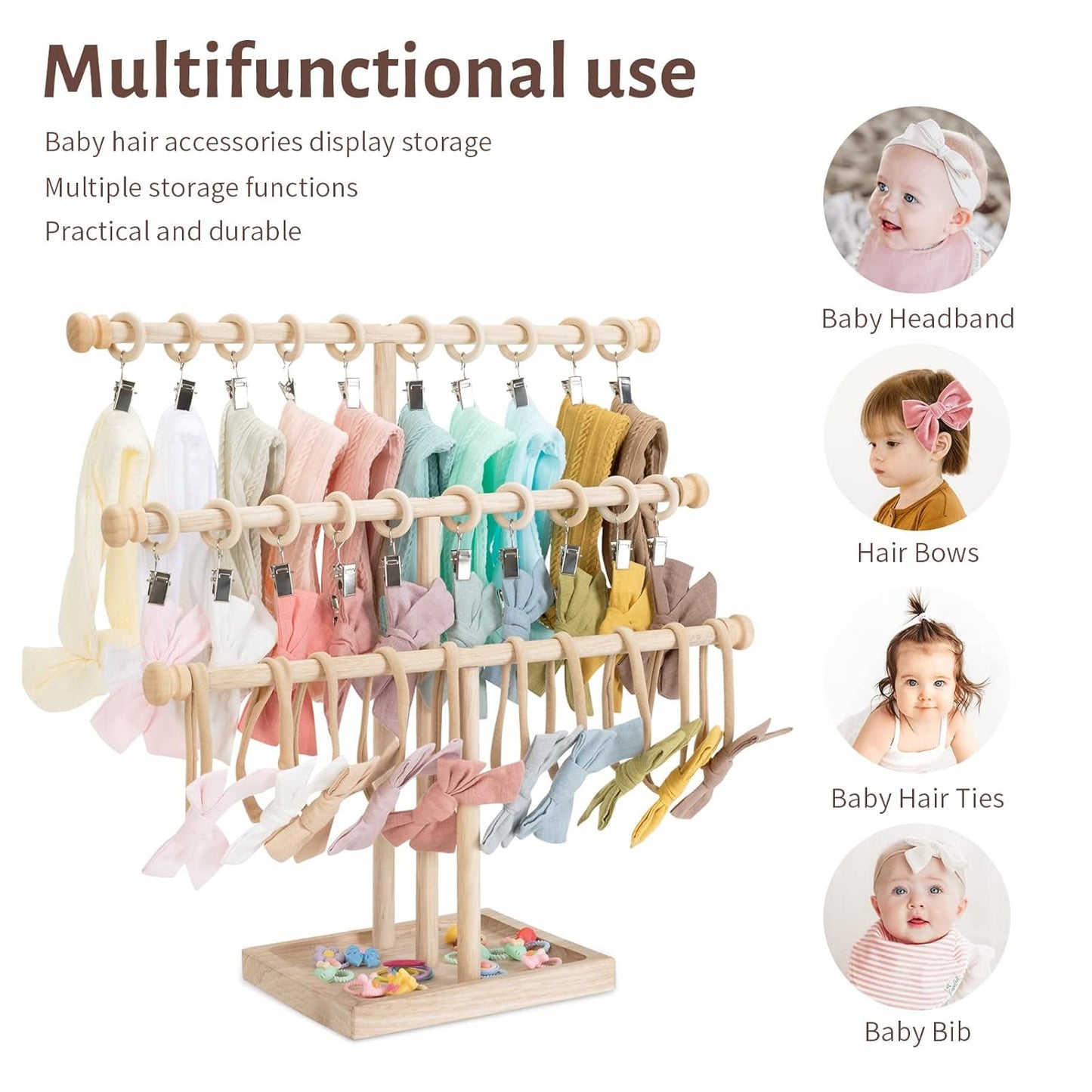 POVETIRE Headband Holder Stand Storage for Baby, 3 Tier Wooden Bow Organizer for Girls Hair Bows, Infant Hair Accessories Rack Display for Nursery Decor