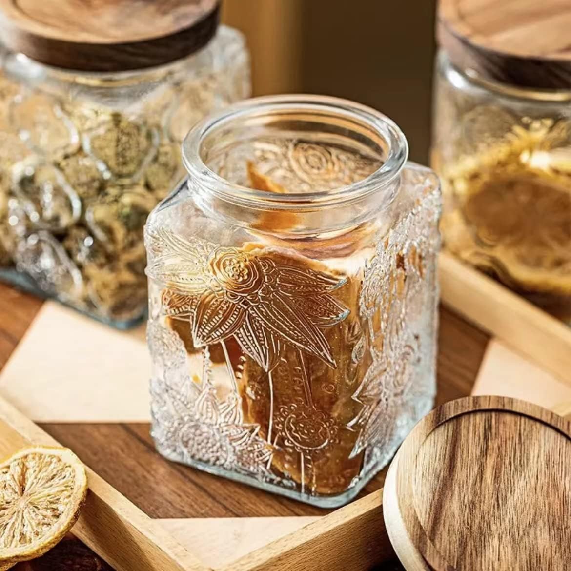 ANSQU Set of 2 Vintage Glass Storage Jars, Glass Food Storage Containers(25.3oz/23.7oz), Candy Jars with Lids for Kitchen Coffee, Tea, Cookie, Sugar, Bath Salts, Cute Jar
