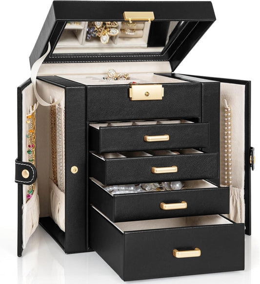 TORIBIO Jewelry Box for Women, Leather Jewelry Organizer with Mirror & Lock, 5-Tier Jewelry Storage Organizer with 4 Drawers for Girls/Women/Mothers, Necklace Earring Bracelets Holder Organizer