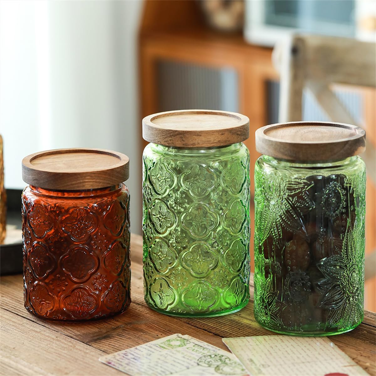 ANSQU Vintage Glass Storage Jar with Lid - 34 oz Mason Jar for Kitchen & Bathroom - Containers for Coffee, Tea, Cookies, Candy, Nuts, Pet Food, Bath Salts - Decorative Pantry Organizer (Blue & Green)