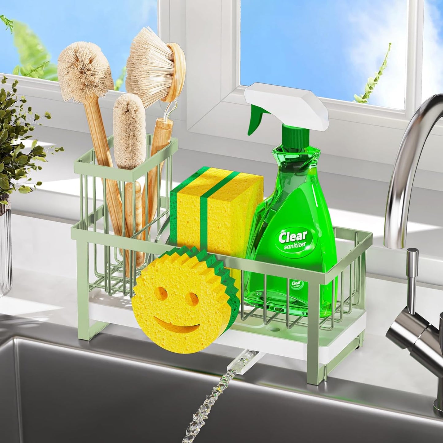 Sponge Holder for Kitchen Sink,Sink Caddy with Removable Dish Brush Holder,Self-Draining Kitchen Countertop Organizers and Storage Essentials,Soap Dispenser Organize and Home Decor-Green