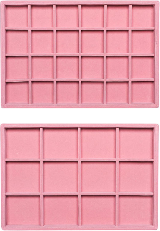 Frebeauty Stackable Velvet Jewelry Organizer Trays for Drawers Inserts Jewelry Storage Tray Display Case, Stud Earrings Bracelets Necklace Rings Accessories Trays for Women(Set of 2)(Pink)