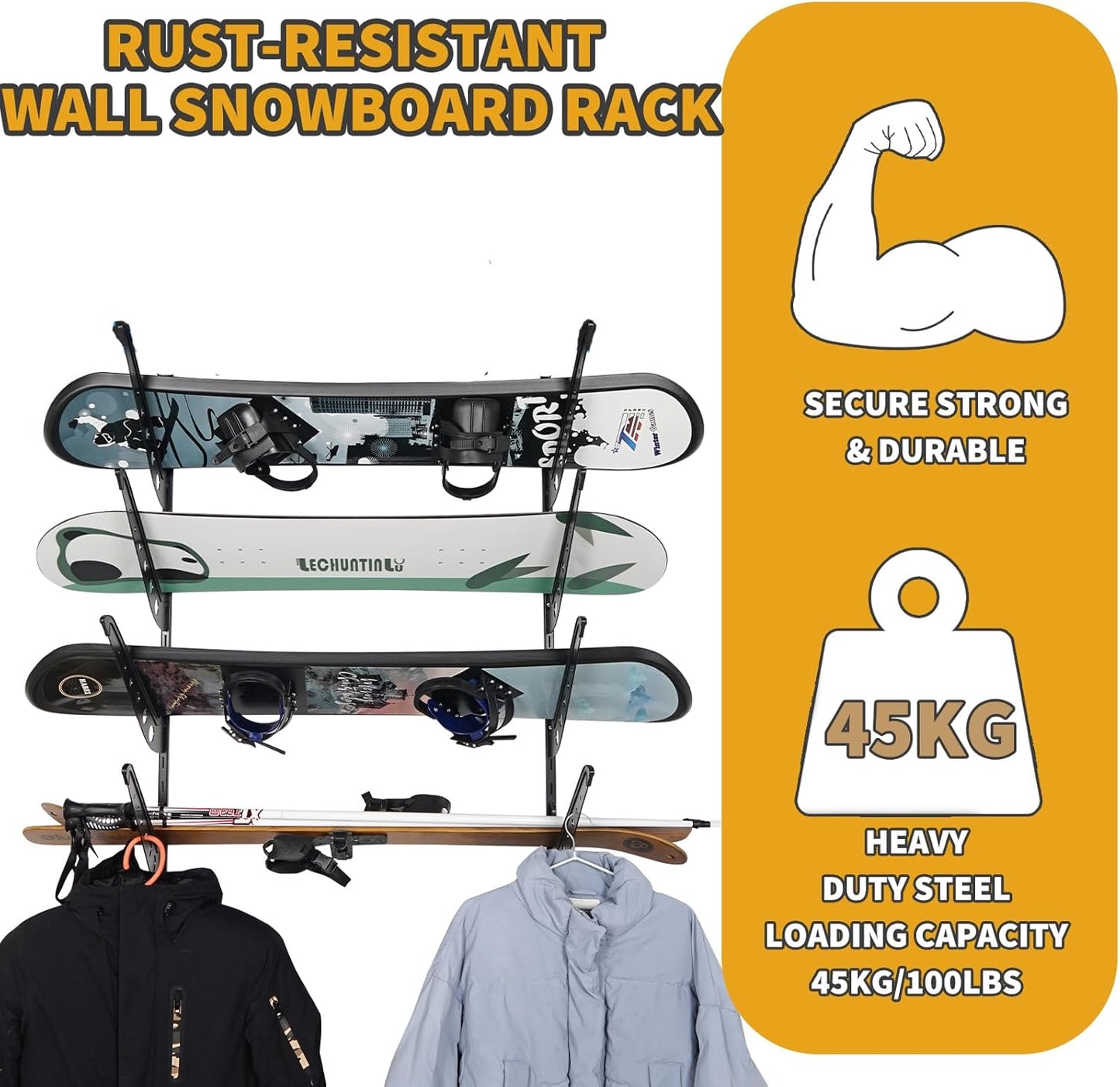 Snowboard Wall Racks, Adjustable Storage Rack for Ski, Surfboard, Wakeboard, Snowboard Wall Mount Display, White/Black