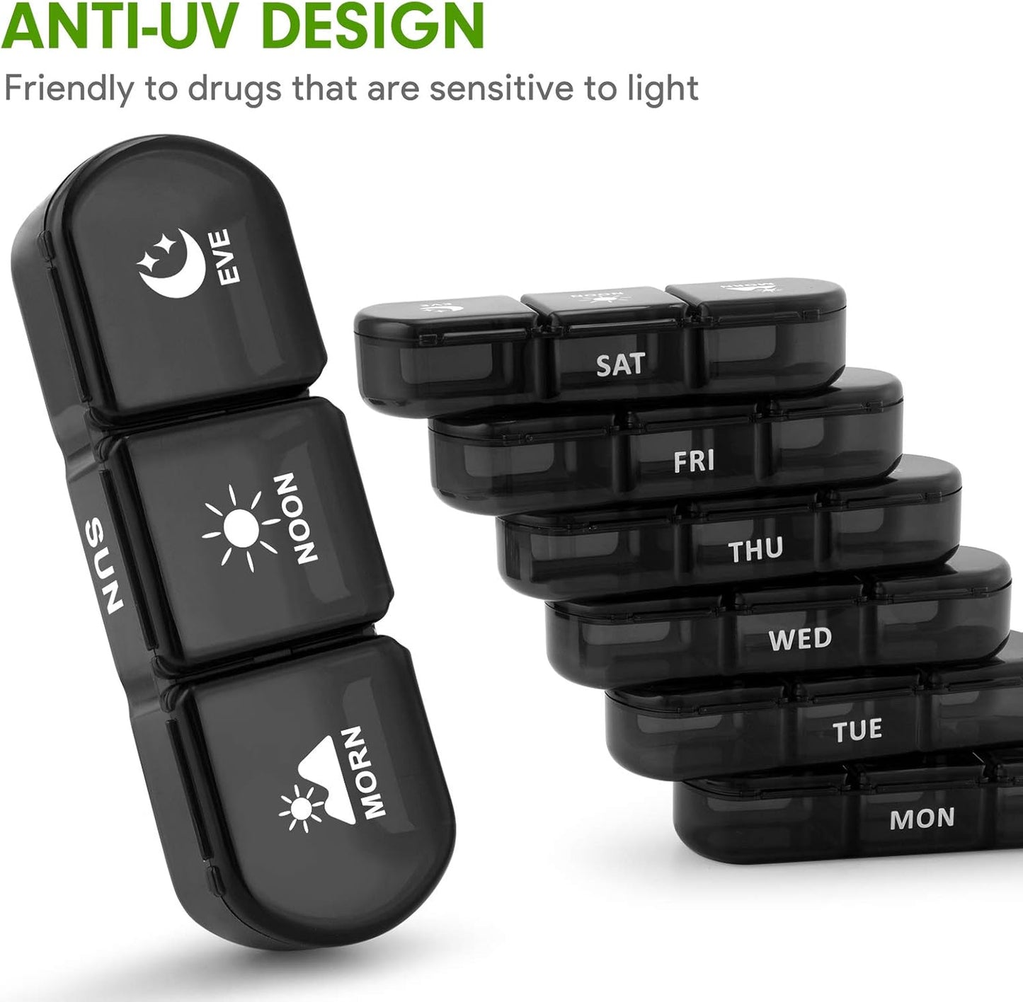 Pill Organizer 3 Times a Day, Fullicon Large Weekly Pill Case 7 Day, Daily Pill Box with 21 Compartments, Pill Dispenser Supplement Holder for Pills/Vitamin/Fish Oil - Black
