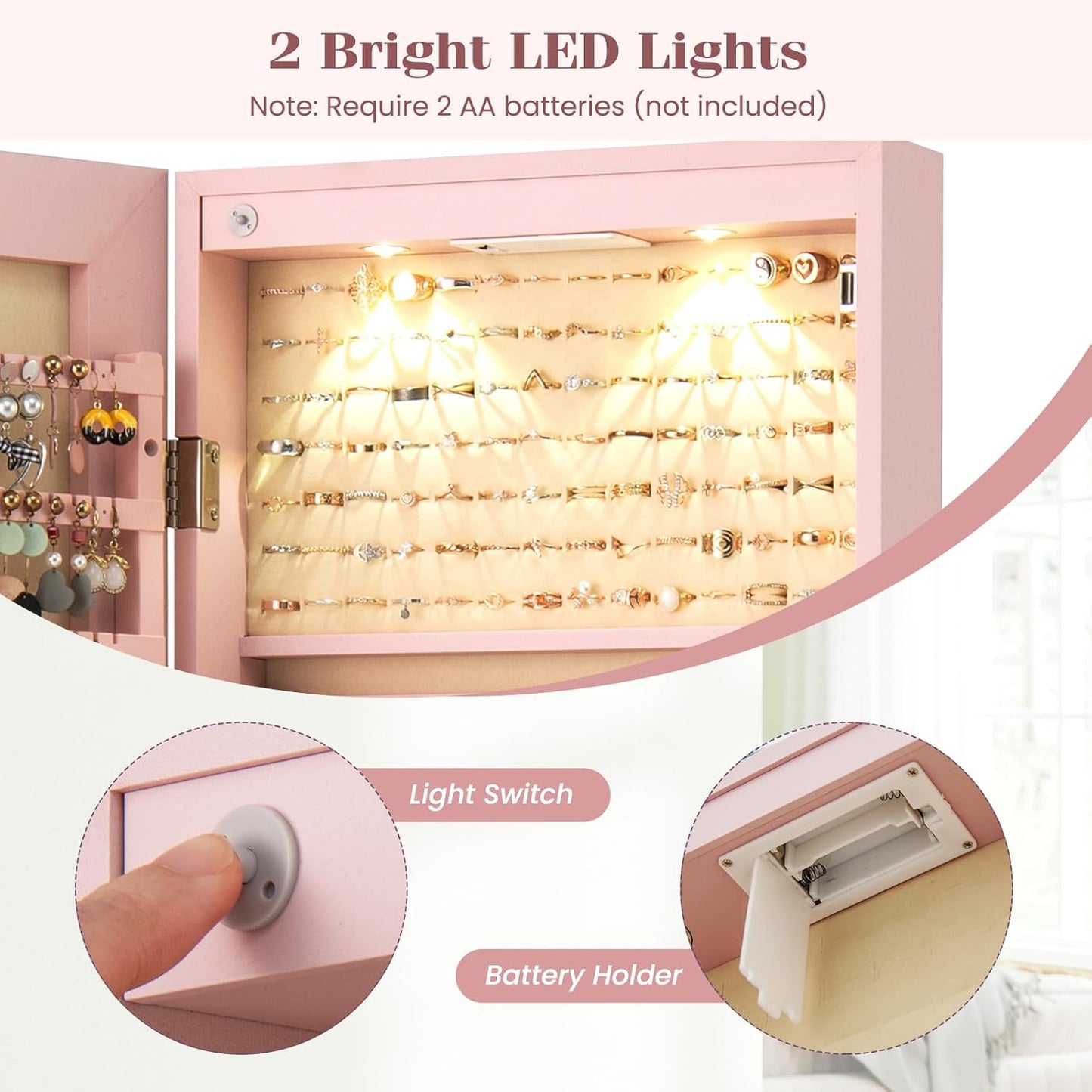 Giantex Wall Door Mounted Jewelry Armoire Cabinet with 47.5" Full Length Mirror, 2 LEDs Lockable Jewelry Organizers and Storage, Over the Door Jewelry Organizer Cabinet with 2 Drawers (Light Pink)
