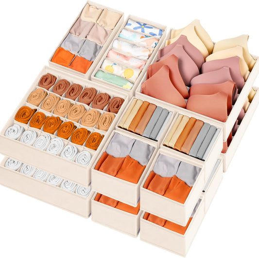 Criusia Drawer Organizer Clothes, 16 Pack Dresser Organizer Bins for Baby Clothes, Underwear Sock, Fabric Closet Organization and Storage Dividers for Nursery Bedroom (96 Compartments, Beige)