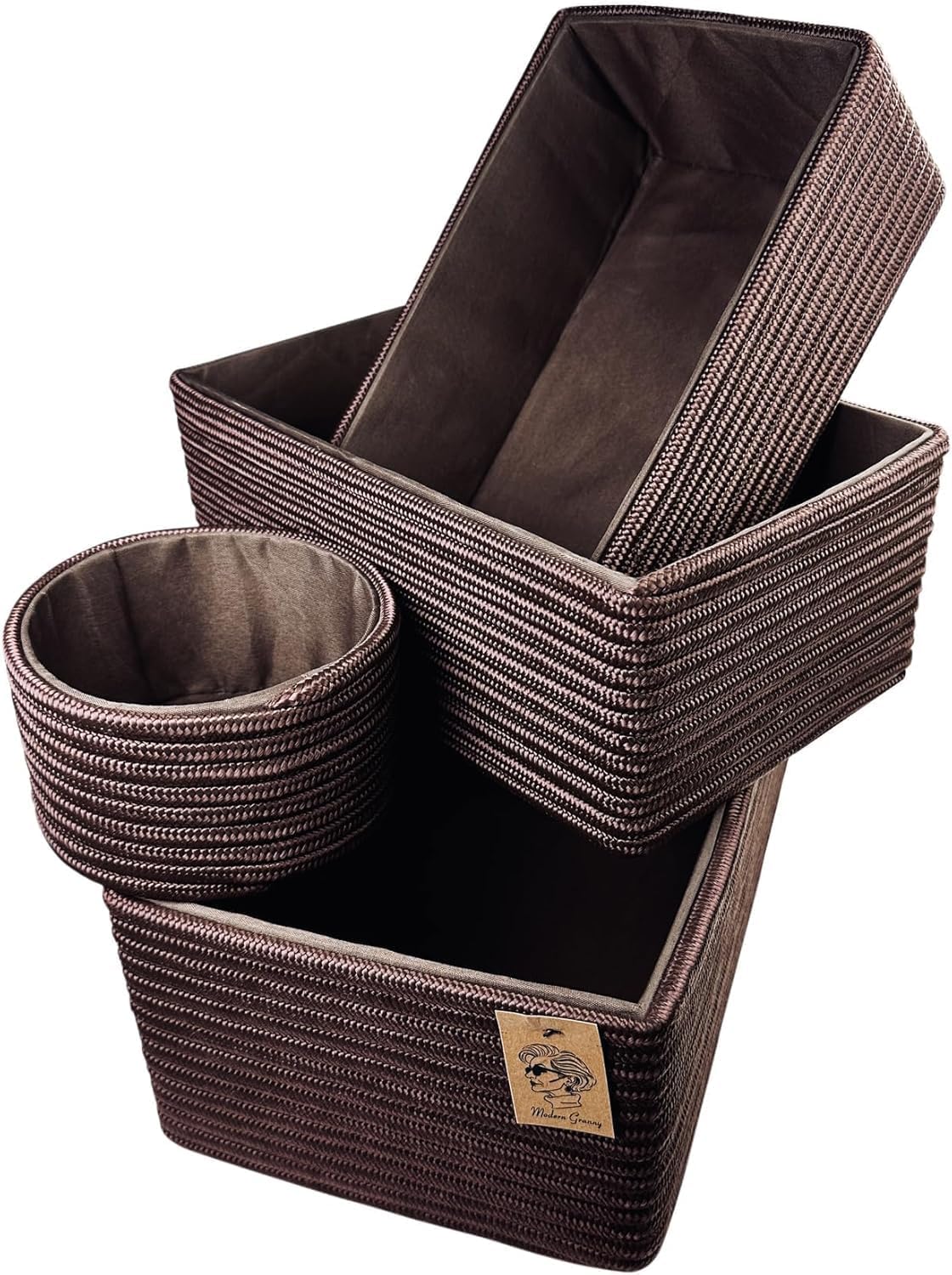 MODERN GRANNY Fashion Decor Vanity Box, Stackable Boxes Decoratives with Lined Interior, Storage Baskets Set of 4, Office Boho Baskets Shelf Box for Organizing, BROWN