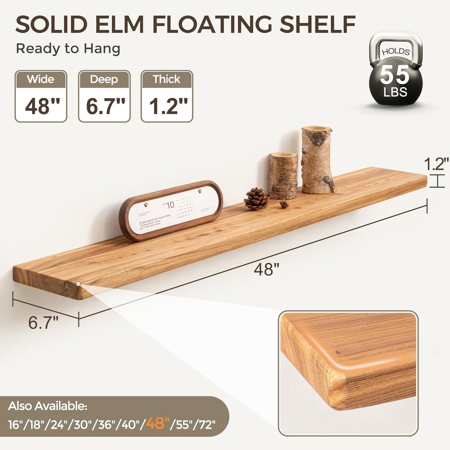 Fun Memories 48 Inch Floating Shelves for Wall, Solid Elm Wood Wall Shelf for Home Decor, Heavy-Duty Hardwood Floating Shelf for Bedroom, Bathroom, Living Room, Set of 1