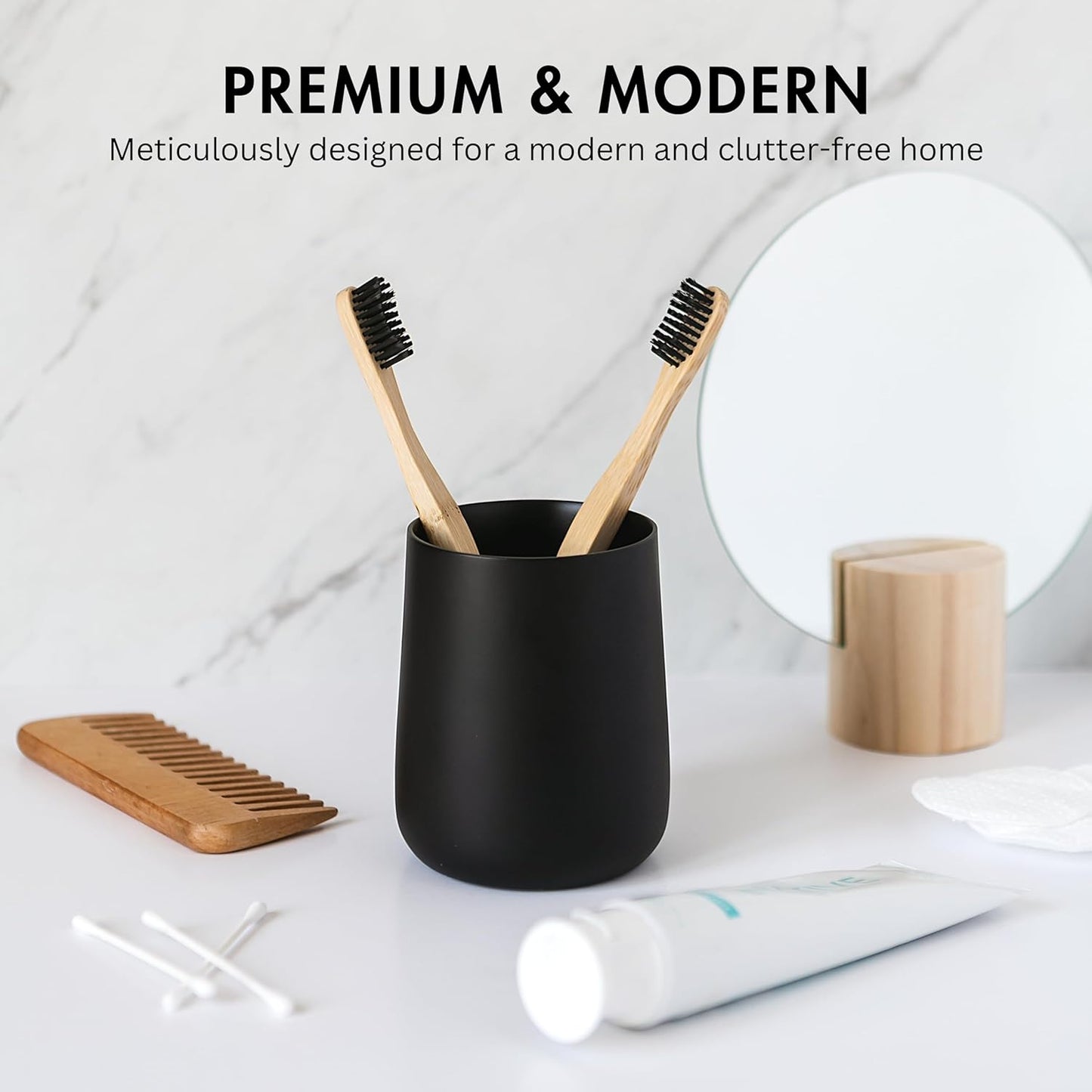 Matte Black Toothbrush and Toothpaste Holder and Cup for Bathroom Vanity and Countertop, Round Organizer for Electric Toothbrushes, Floss, Razors, Cotton, and Mouthwash